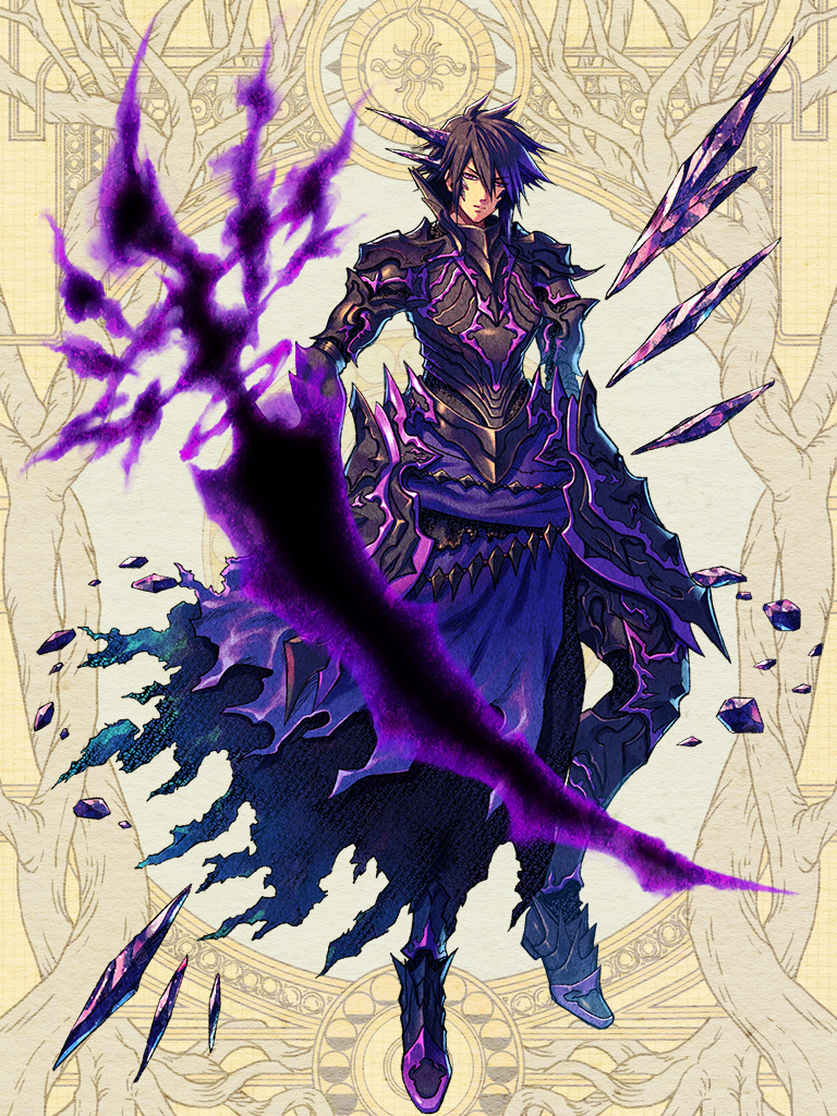 1boy armor bad_anatomy black_armor black_hair boots brown_eyes clutch2130 copyright_request crystal dark_sword gauntlets holding holding_sword holding_weapon horns looking_at_viewer male_focus official_art shard solo spiked_hair standing sword weapon