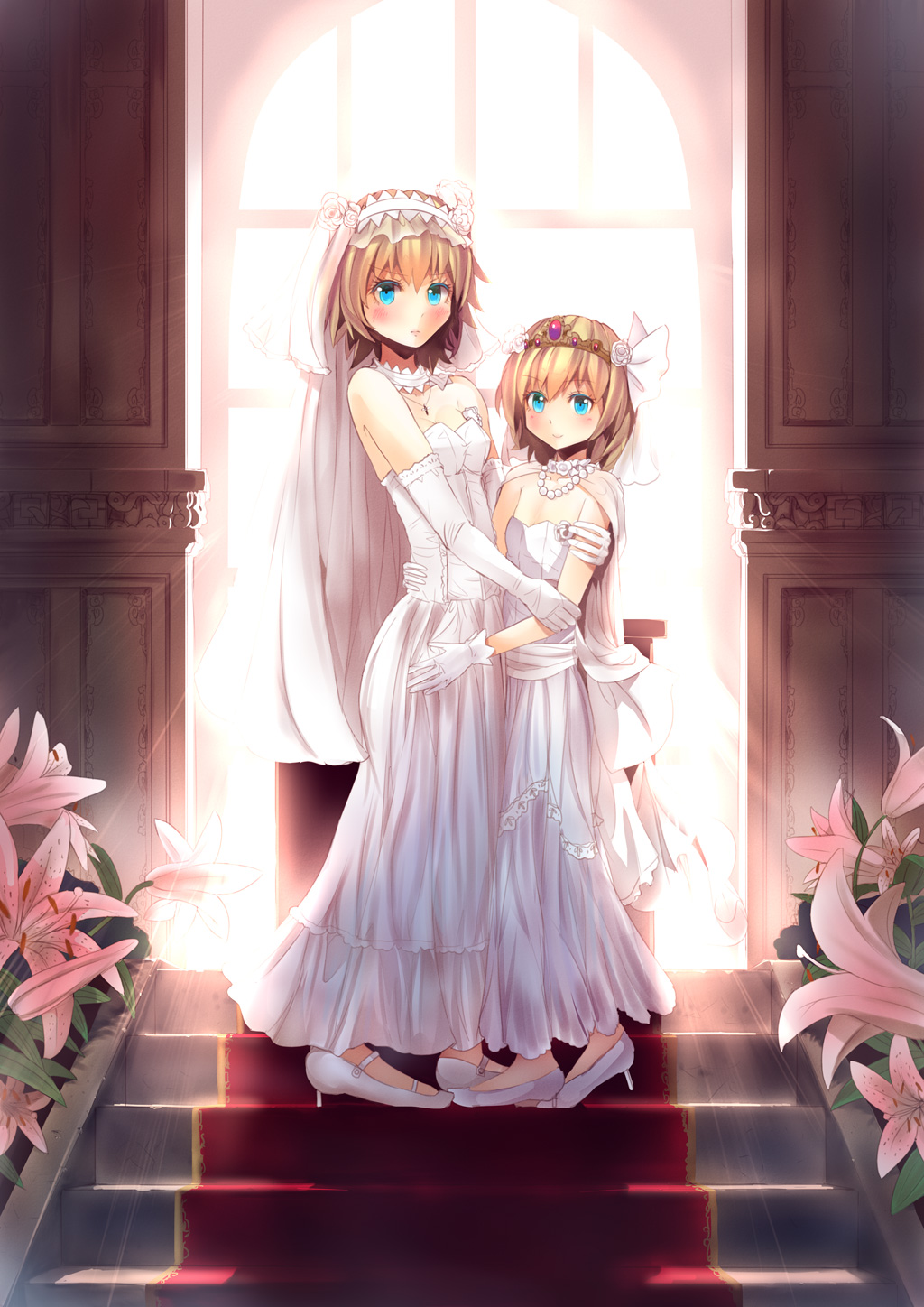 alice_margatroid alice_margatroid_(pc-98) alternate_costume backlighting bad_feet blonde_hair blue_eyes blush bridal_veil bride choker culter dress dual_persona elbow_gloves error flower gloves highres hug jewelry lily_(flower) looking_at_viewer multiple_girls necklace pendant smile stairs strapless strapless_dress tiara time_paradox touhou touhou_(pc-98) veil wedding_dress white_gloves window
