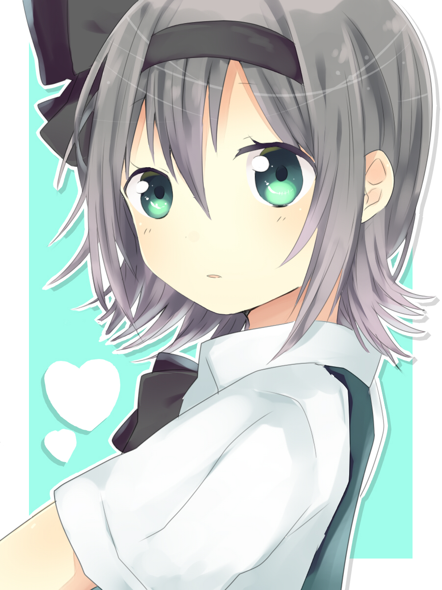 black_hairband green_eyes hair_ribbon hairband heart highres konpaku_youmu open_mouth ribbon shirt short_hair short_sleeves silver_hair solo tokiwa_(io) touhou vest