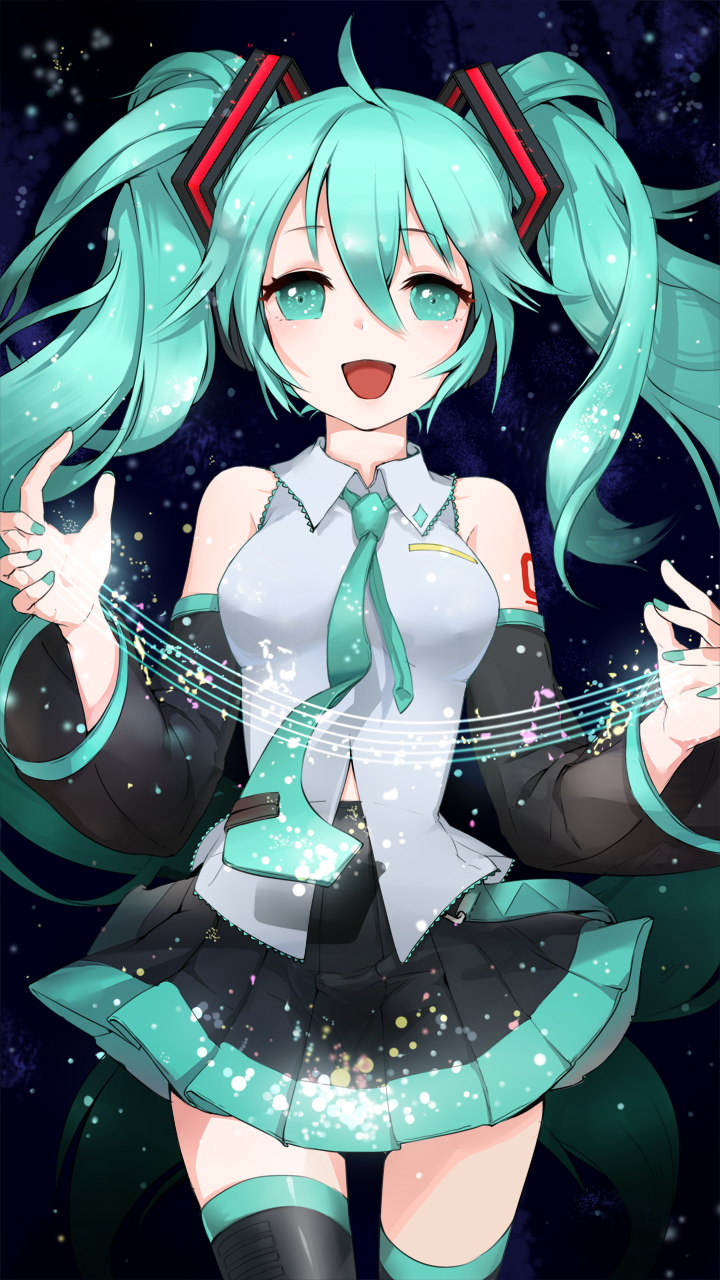 bad_id bad_pixiv_id detached_sleeves green_eyes green_hair hatsune_miku highres long_hair nail_polish necktie ng_(kimjae737) open_mouth skirt solo thighhighs twintails vocaloid