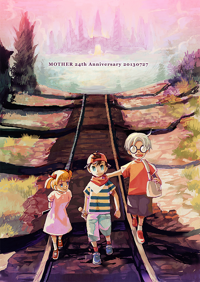 2boys ana_(mother) backwards_hat bad_id bad_pixiv_id bag baseball_bat blonde_hair blue_eyes brown_hair conazatou dress frying_pan glasses hat lloyd_(mother) mother_(game) mother_1 multiple_boys neckerchief ninten railroad_tracks ribbon shirt striped striped_shirt twintails white_hair