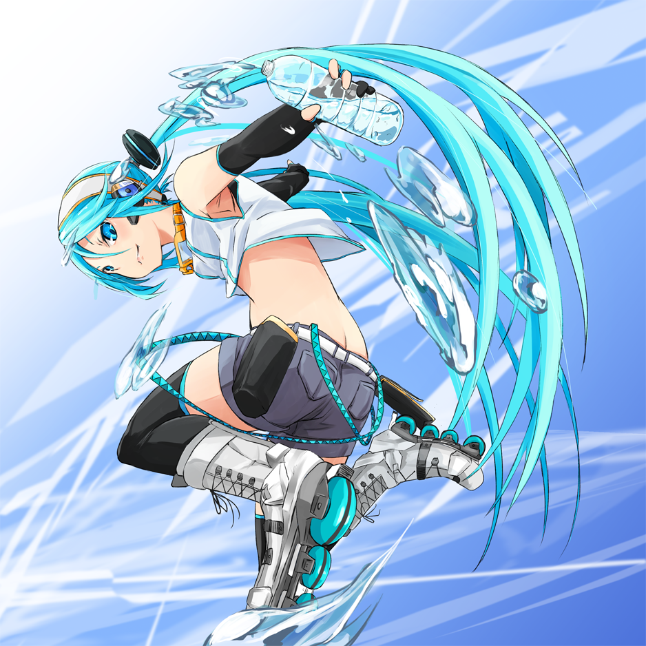 aqua_eyes aqua_hair belt bottle elbow_gloves fingerless_gloves fu-ta gloves hatsune_miku headphones inline_skates jumping long_hair midriff outstretched_arms roller_skates shorts skates solo spread_arms thighhighs twintails very_long_hair vocaloid water water_bottle