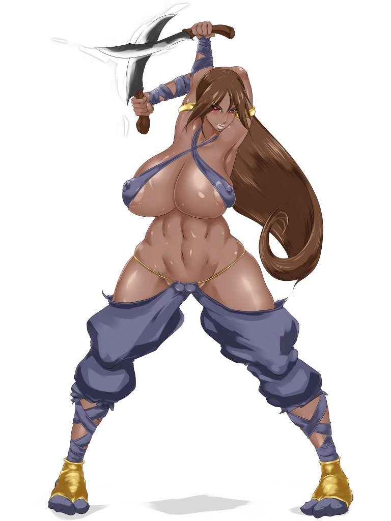 1girl areola_slip areolae breasts brown_hair dark_skin dual_wielding kings3552 large_breasts long_hair simple_background solo white_background