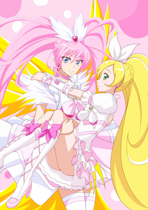 blonde_hair blue_eyes boots carrying choker couple crescendo_cure_melody cure_melody cure_rhythm eyelashes green_eyes hand_on_shoulder houjou_hibiki jabara_tornado knee_boots minamino_kanade multiple_girls pink_background pink_choker pink_hair ponytail precure princess_carry smile suite_precure twintails wings yellow_wings yuri