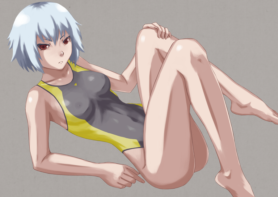 1girl ben-tou competition_swimsuit covered_nipples erect_nipples one-piece_swimsuit red_eyes silver_hair simple_background solo swimsuit tomoshiki yarizui_sen