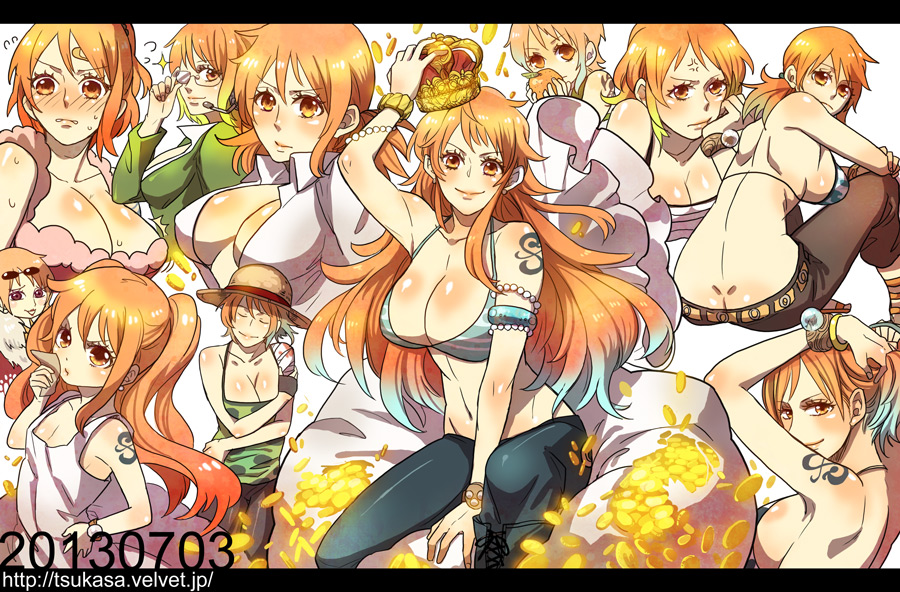 2013 anger_vein armlet ass back bikini_top blush breasts brown_eyes butt_crack child cleavage crown dated dimples_of_venus dress earrings eyes_closed from_behind glasses hat huge_breasts jewelry jinnai_tsukasa long_hair looking_at_viewer looking_back lots_of_jewelry midriff multiple_persona nami nami_(one_piece) navel one_piece orange_hair pearl sitting smile solo straw_hat sweat tattoo twintails watermark web_address