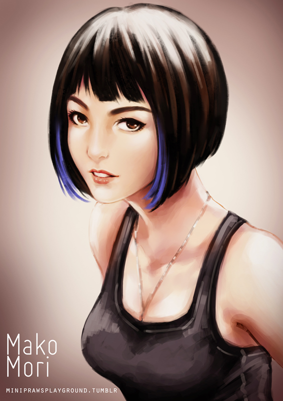 bare_shoulders black_hair blue_hair bob_cut breasts brown_eyes character_name eyebrows jewelry lips mako_mori medium_breasts minipraw multicolored_hair necklace nose pacific_rim realistic short_hair solo streaked_hair tank_top upper_body watermark web_address