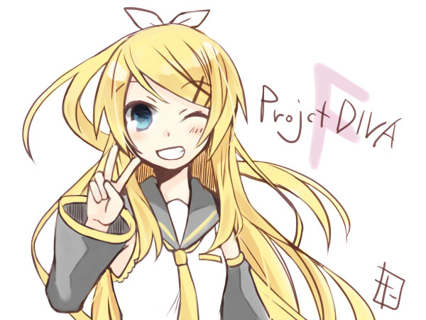 blonde_hair blue_eyes blush future_style_(module) grin kagamine_rin long_hair looking_at_viewer one_eye_closed project_diva_(series) project_diva_f simple_background smile solo tamura_hiro v very_long_hair vocaloid white_background