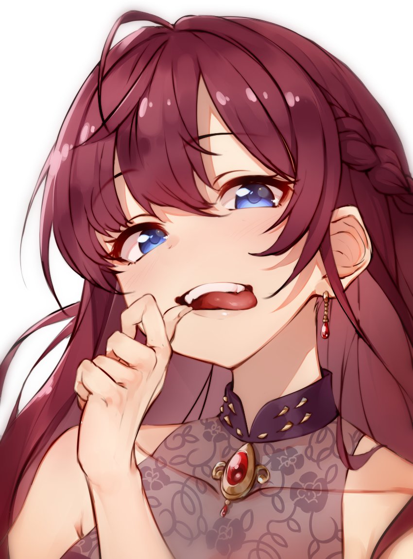 1girl ahoge arm_up bare_shoulders blue_eyes blush braid brooch brown_hair collarbone commentary earrings eyebrows_visible_through_hair finger_to_mouth floral_print ichinose_shiki idolmaster idolmaster_cinderella_girls idolmaster_cinderella_girls_starlight_stage jewelry kakaobataa lazy_lazy_(idolmaster) lips long_hair looking_at_viewer open_mouth rose_print see-through side_braid simple_background sleeveless smile solo teeth tongue tongue_out upper_body wavy_hair white_background