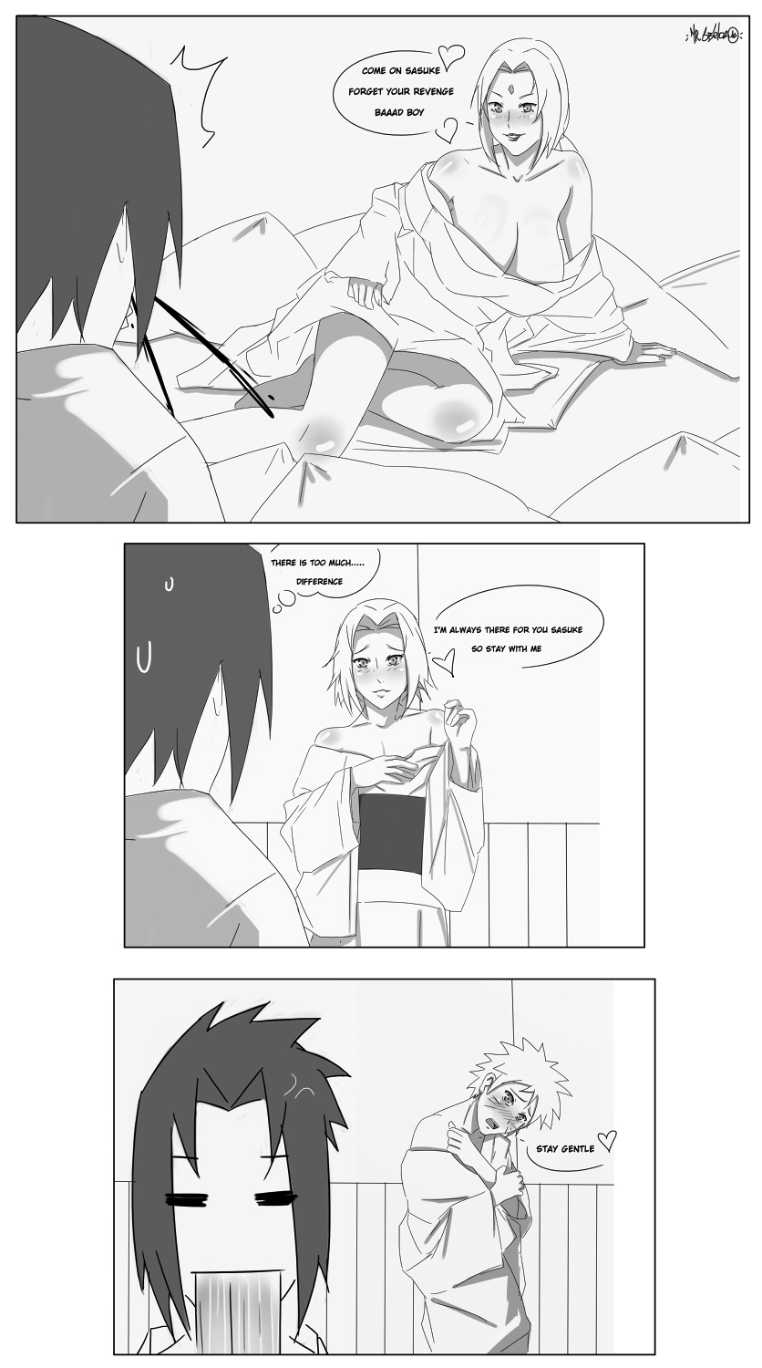 bare_shoulders bed black&amp;white blush english haruno_sakura highres monochrome naruto naruto_shippuuden sbel02 tsunade uchiha_sasuke uzumaki_naruto vomit waterfall_puke