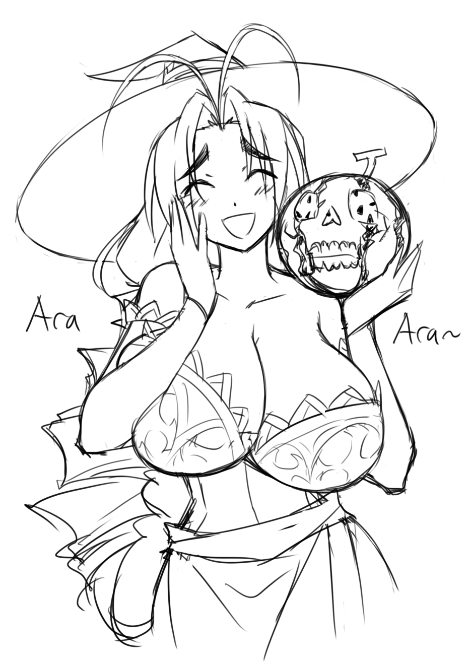 antenna_hair blush breasts cleavage cosplay detached_sleeves dragon's_crown food fruit greyscale hand_on_own_face hat highres huge_breasts long_hair love_hina matsu-sensei monochrome otohime_mutsumi skirt solo sorceress_(dragon's_crown) sorceress_(dragon's_crown)_(cosplay) watermelon witch_hat