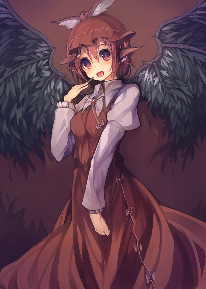 animal_ears black_wings blush bow breasts dress fingernails hand_to_own_mouth hat long_fingernails md5_mismatch mystia_lorelei open_mouth purple_hair red_eyes sharp_fingernails short_hair simple_background small_breasts smile solo touhou ukyo_rst wings