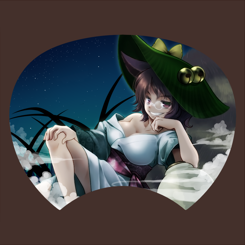 animal_ears bare_shoulders bell breasts brown_background brown_hair cleavage futatsuiwa_mamizou glasses hand_on_own_knee hat japanese_clothes large_breasts leaf looking_at_viewer pince-nez raccoon_ears red_eyes short_hair smile socha solo touhou