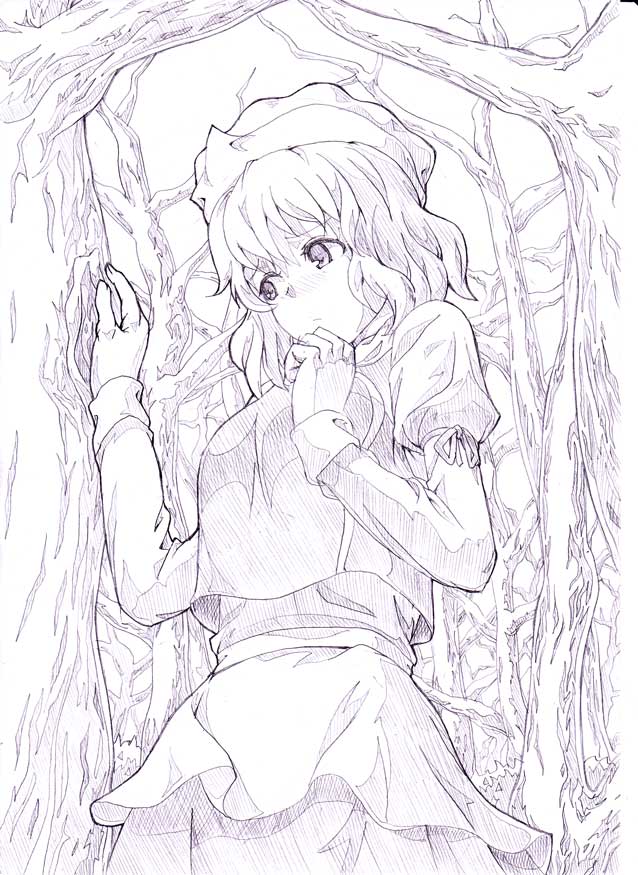 forest graphite_(medium) greyscale letty_whiterock monochrome nature sketch solo touhou traditional_media tree wrwr