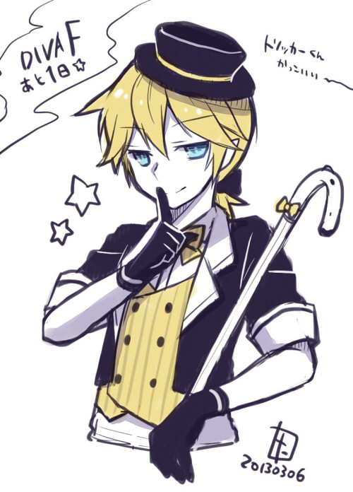 blonde_hair blue_eyes cane dated finger_to_mouth gloves hat kagamine_len looking_at_viewer male_focus project_diva_(series) project_diva_f simple_background smile solo star tamura_hiro translated vocaloid white_background yumekui_shirokuro_baku_(vocaloid)
