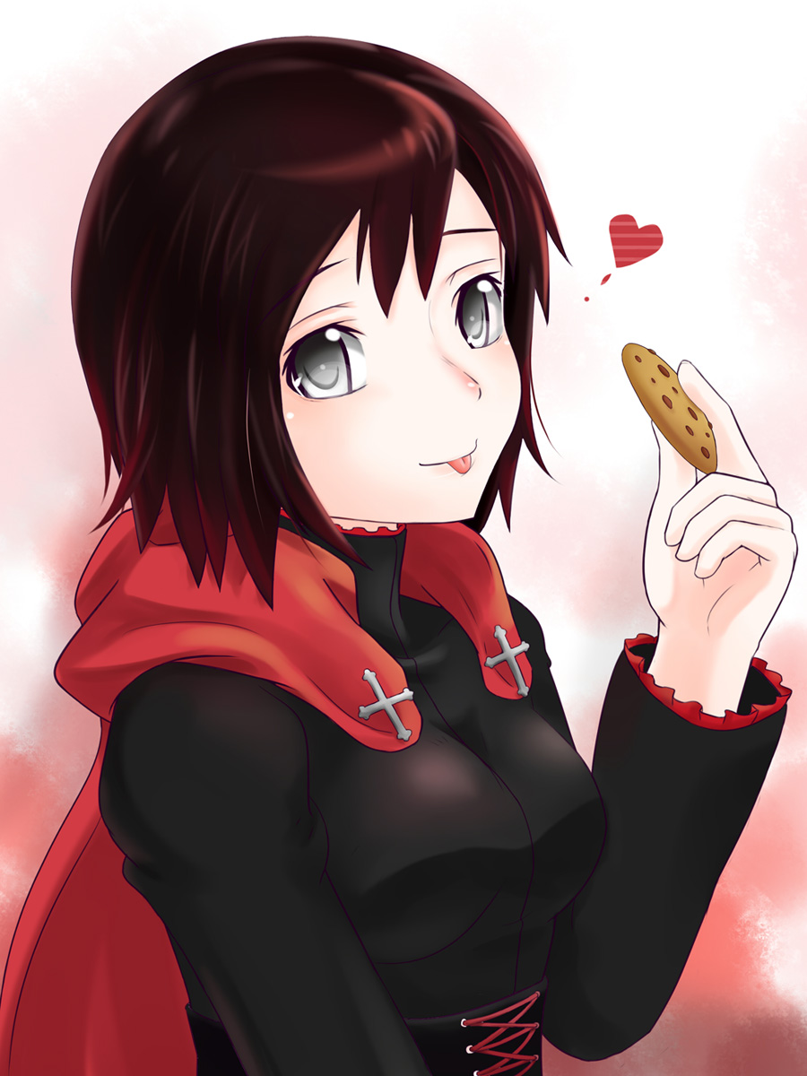 :p black_eyes cape cookie cross dress food heart highres long_sleeves red_hair ruby_rose rwby short_hair solo tongue tongue_out