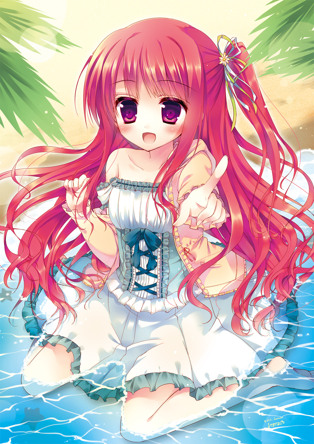 barefoot beach blush curly_hair dress feet happy highres hisama_kumako index_finger_raised jacket long_hair one_side_up original outdoors partially_submerged pointing purple_eyes red_hair ribbon sitting soles solo wariza water