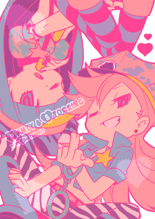 copyright_name cuffs grin matsuda98 middle_finger multiple_girls official_style one_eye_closed panty_&amp;_stocking_with_garterbelt panty_(psg) pink smile stocking_(psg)