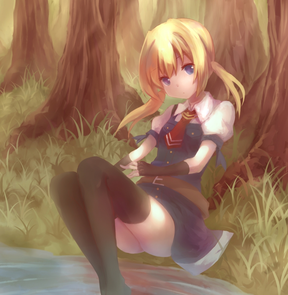 blonde_hair blue_eyes blush fingerless_gloves frederica_irving gloves grass reflection sekaiju_no_meikyuu shin_sekaiju_no_meikyuu sitting skirt solo tree twintails zinczinc_ka