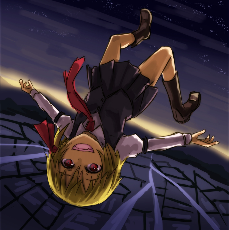 bad_id bad_pixiv_id blonde_hair boots hair_ribbon kurione_(zassou) open_mouth outstretched_arms red_eyes ribbon rumia short_hair skirt smile solo touhou upside-down