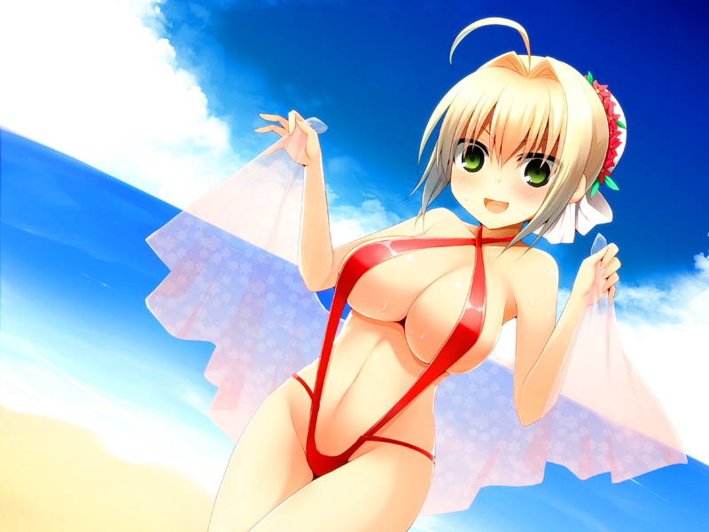 ahoge beach blonde_hair blush breasts cleavage cloud day dutch_angle fate/extra fate_(series) flower green_eyes hair_flower hair_ornament holding kujiran large_breasts nero_claudius_(fate) nero_claudius_(fate)_(all) ocean open_mouth outdoors red_swimsuit short_hair sky slingshot_swimsuit smile solo swimsuit