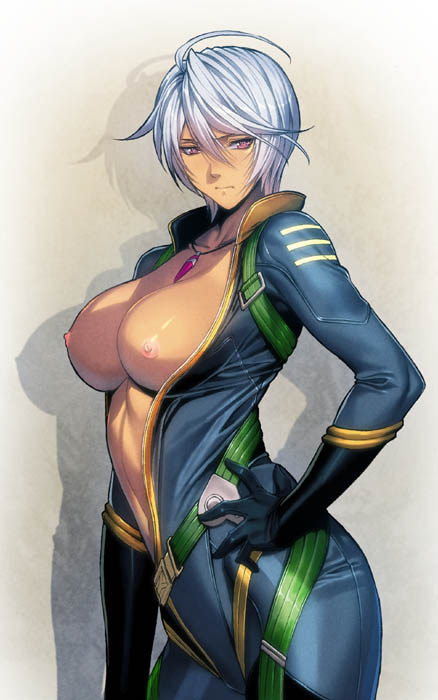 ahoge areolae blush bodysuit breasts breasts_outside dark_skin frown hand_on_hip homare_(fool's_art) jewelry large_breasts necklace nipples open_clothes purple_eyes short_hair simple_background solo uchuu_senkan_yamato uchuu_senkan_yamato_2199 unzipped white_hair yamamoto_akira