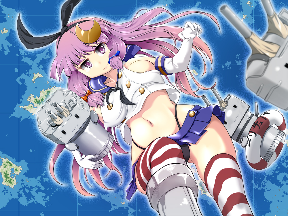 animal_ears bad_id bad_pixiv_id black_panties breasts bunny_ears cannon cosplay crescent crescent_hair_ornament elbow_gloves excel_(shena) fake_animal_ears gloves hair_ornament hair_ribbon innertube kantai_collection large_breasts long_hair map midriff miniskirt navel panties patchouli_knowledge purple_eyes purple_hair rensouhou-chan ribbon school_uniform serafuku shimakaze_(kantai_collection) shimakaze_(kantai_collection)_(cosplay) shirt skirt solo striped striped_legwear thighhighs touhou underwear very_long_hair white_gloves