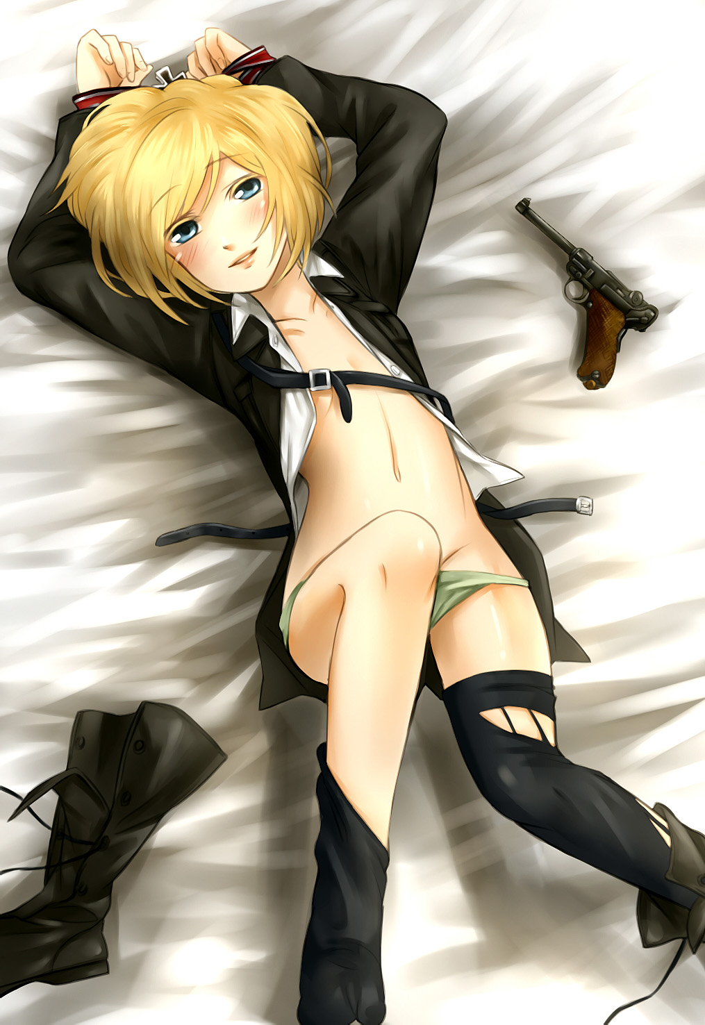 bai_lao_shu blonde_hair blue_eyes blush boots breasts erica_hartmann gun highres iron_cross military military_uniform panties shoes short_hair single_shoe small_breasts solo strike_witches underwear uniform weapon world_witches_series