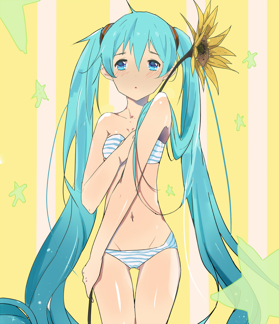 aqua_eyes aqua_hair bad_id bad_pixiv_id bra flower hatsune_miku long_hair navel panties solo strapless strapless_bra striped striped_background striped_bra striped_panties thigh_gap twintails underwear underwear_only very_long_hair vocaloid youmonii