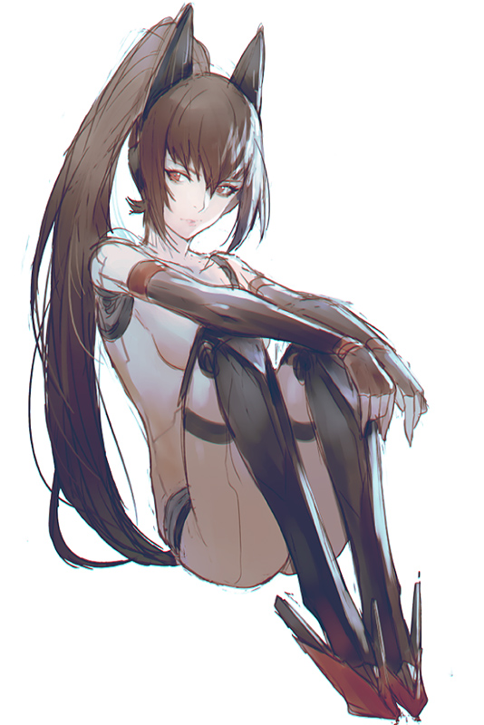 android black_hair character_request copyright_request elbow_gloves fingerless_gloves gloves kokutan_kitsunen ponytail red_eyes robot_joints solo
