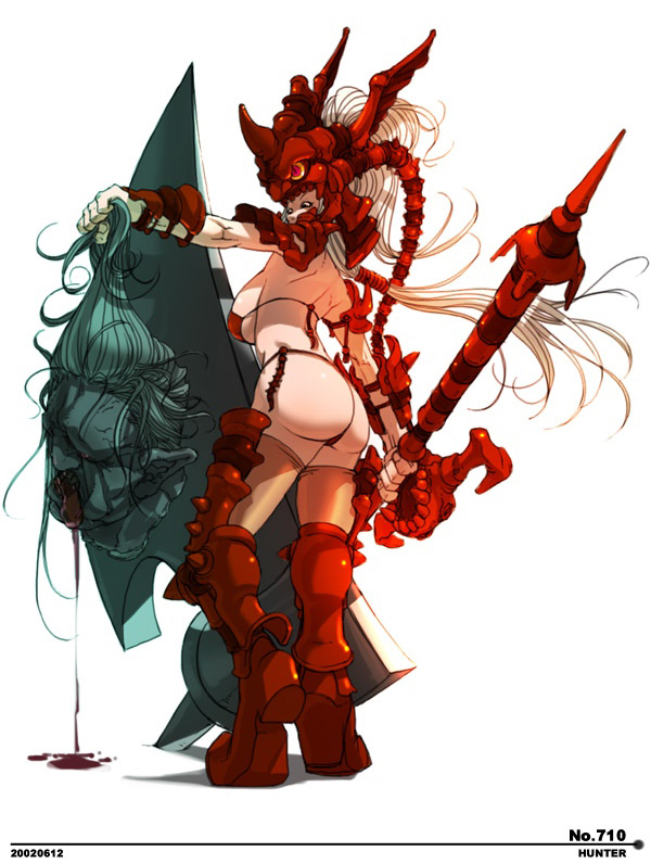 1girl armor ass axe bikini black_eyes blood breasts decapitation defeated falcoon hunter large_breasts long_hair monster solo swimsuit very_long_hair warrior weapon white_hair wide_hips