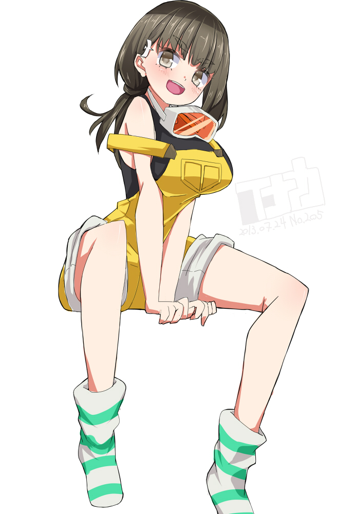 :d blush breasts brown_eyes brown_hair gatchaman_crowds goggles goggles_around_neck ichinose_hajime inaka_keikou medium_breasts off_shoulder open_mouth overalls simple_background sitting smile socks solo striped striped_legwear white_background
