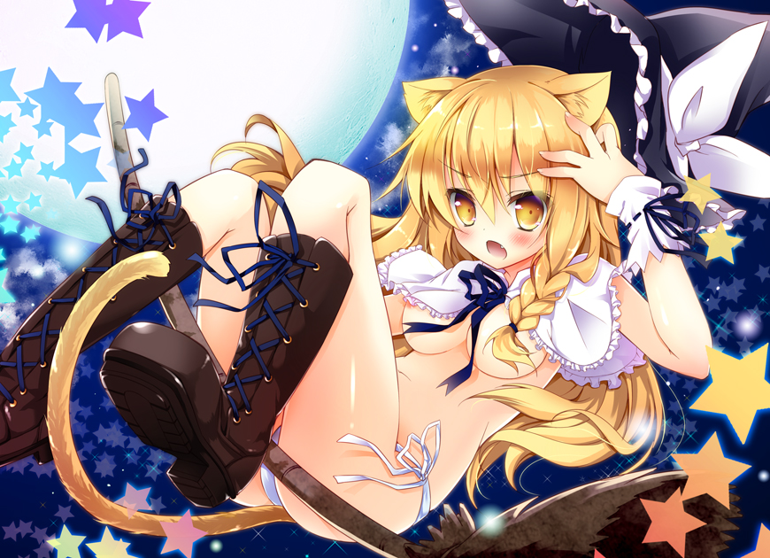 animal_ears blonde_hair blush boots braid breasts broom capelet cat_ears cat_tail censored convenient_censoring cross-laced_footwear full_moon hair_over_breasts hat hat_removed headwear_removed kemonomimi_mode kirisame_marisa lace-up_boots looking_at_viewer medium_breasts moon natsuki_yuu_(amemizu) nipples open_mouth panties side-tie_panties side_braid single_braid solo star tail topless touhou underwear underwear_only white_panties witch_hat wrist_cuffs yellow_eyes