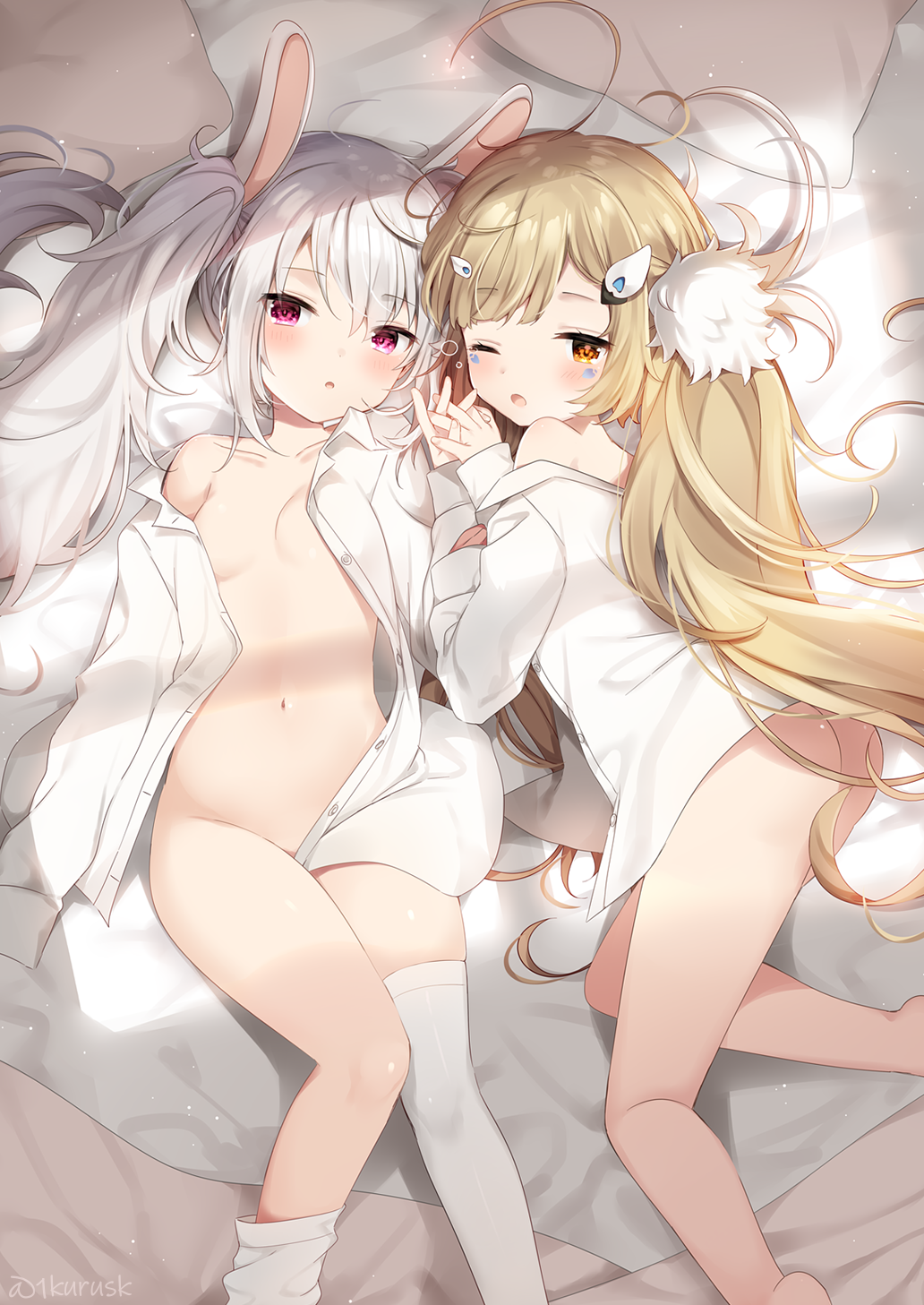 2girls :o ;o ahoge animal_ears ass asymmetrical_legwear azur_lane bare_shoulders bed_sheet blonde_hair blush breasts brown_eyes bunny_ears collarbone commentary_request dress_shirt eldridge_(azur_lane) facial_mark feet_out_of_frame fingernails groin hand_holding head_tilt highres interlocked_fingers laffey_(azur_lane) long_hair long_sleeves lying mafuyu_(chibi21) multiple_girls naked_shirt navel off_shoulder on_back on_side one_eye_closed open_clothes open_shirt parted_lips pillow purple_eyes shirt sidelocks silver_hair sleeves_past_wrists small_breasts thighhighs thighhighs_pull twintails twitter_username very_long_hair white_legwear white_shirt