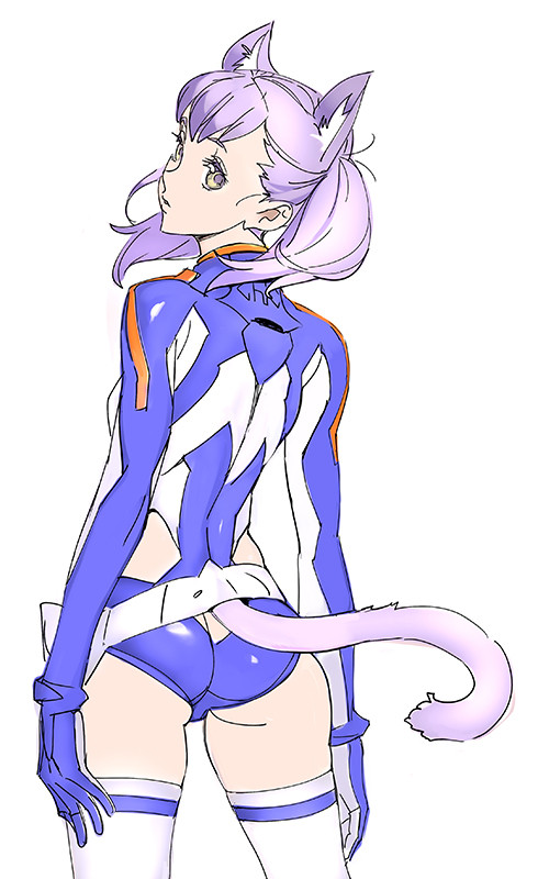 animal_ears arms_at_sides asobi_ni_iku_yo! ass ass_cutout belt belt_pouch blue_leotard bracer breasts butt_crack cat_ears cat_tail chaika cowboy_shot extra_ears from_behind gloves legs_apart leotard looking_at_viewer looking_back loose_belt multicolored multicolored_eyes nishieda parted_lips pouch purple_eyes purple_hair short_hair short_twintails side_cutout simple_background small_breasts solo tail tail_slit_clothes tail_through_clothes thighhighs turtleneck twintails white_background white_legwear yellow_eyes