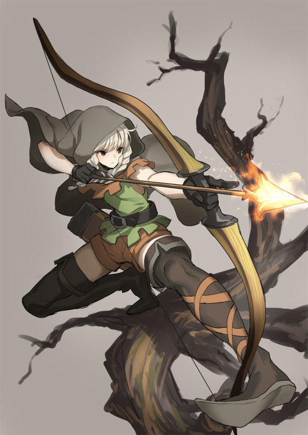 aiming arrow belt black_eyes boots bow_(weapon) braid cloak dragon's_crown drawing_bow elf elf_(dragon's_crown) fire flame gloves grey_background holding holding_arrow holding_bow_(weapon) holding_weapon hood outstretched_arm pointy_ears quiver saitou_masatsugu shorts simple_background solo thigh_boots thighhighs tree twin_braids weapon