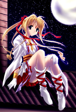 90s artist_request blonde_hair boots cross cross-laced_footwear gloves kaitou_jeanne kamikaze_kaitou_jeanne kusakabe_maron long_hair lowres moon moonlight night night_sky rooftop sitting skirt sky solo source_request star_(sky) starry_sky white_footwear white_gloves