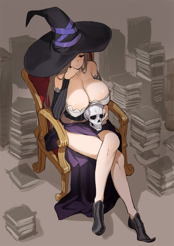 bare_shoulders black_eyes book breasts brown_hair chair chin_rest cleavage crossed_legs detached_sleeves dragon's_crown dress hat hat_over_one_eye huge_breasts long_hair saitou_masatsugu shoes side_slit sitting skull solo sorceress_(dragon's_crown) strapless strapless_dress witch_hat