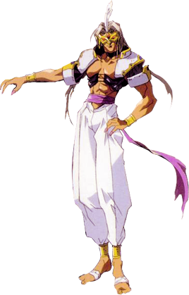 90s arabian_clothes belt bracelet character fatal_fury fingernails hauer jewelry leaf long_hair lowres male male_focus mask official_art oldschool oobari_masami pose silver_hair snk tan toes