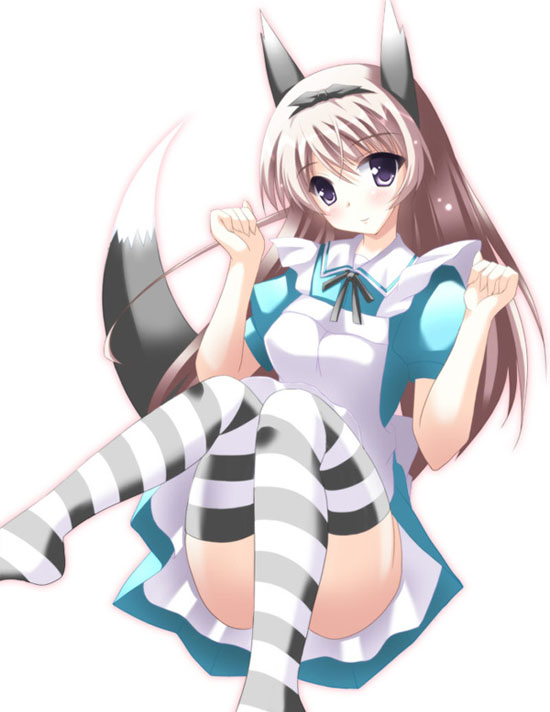 alice_(wonderland) alice_(wonderland)_(cosplay) alice_in_wonderland animal_ears bad_id bad_pixiv_id blonde_hair chester_(subculturetv) cosplay dog_ears dog_tail eila_ilmatar_juutilainen hair_ribbon long_hair purple_eyes ribbon solo strike_witches striped striped_legwear tail thighhighs world_witches_series