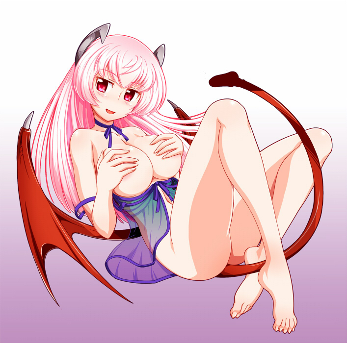babydoll barefoot bat_wings blush bottomless breasts covering covering_breasts demon_girl demon_tail demon_wings horns large_breasts long_hair open_mouth original pink_hair red_eyes smile solo soubee1 strap_slip succubus tail underwear wings