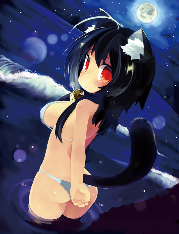 animal_ears bikini black_hair blush breasts cat_ears cat_tail full_moon large_breasts long_hair looking_at_viewer looking_back moon ocean original paprika_shikiso red_eyes sideboob solo swimsuit tail wading water white_bikini