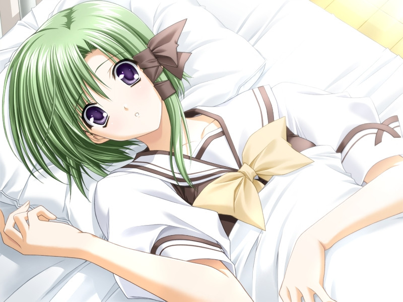 1girl bed game_cg green_hair ribbon shigure_asa shuffle! sleeping
