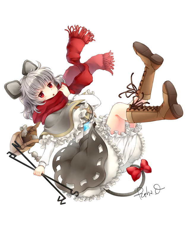 animal_ears basket bloomers boots capelet cross-laced_footwear dowsing_rod full_body fuusha grey_hair jewelry looking_at_viewer mouse mouse_ears mouse_tail nazrin pendant red_eyes red_scarf ribbon scarf short_hair signature simple_background solo tail tail_ribbon touhou underwear white_background
