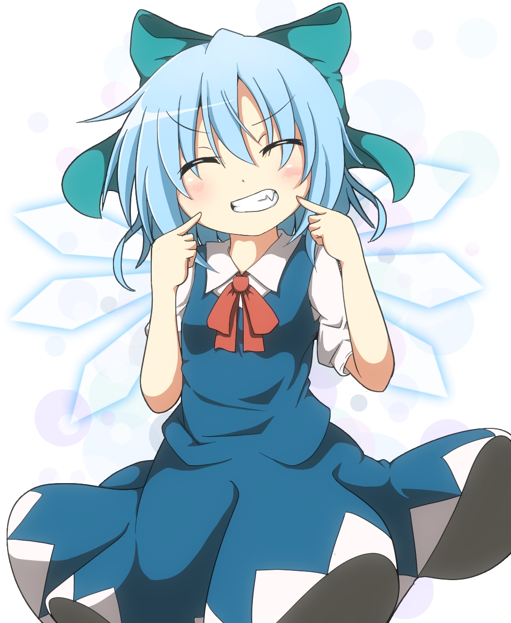 blue_dress blue_hair bow cirno closed_eyes do_(4-rt) dress gloves grin hair_bow highres ice ice_wings pointing pointing_at_self puffy_sleeves shirt short_sleeves simple_background smile solo touhou white_gloves wings