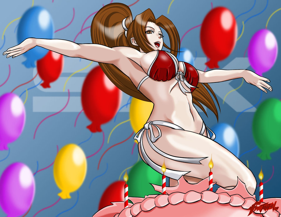 1girl balloon breasts cake candle fatal_fury food happy_birthday jonathanbn large_breasts ponytail shiranui_mai solo