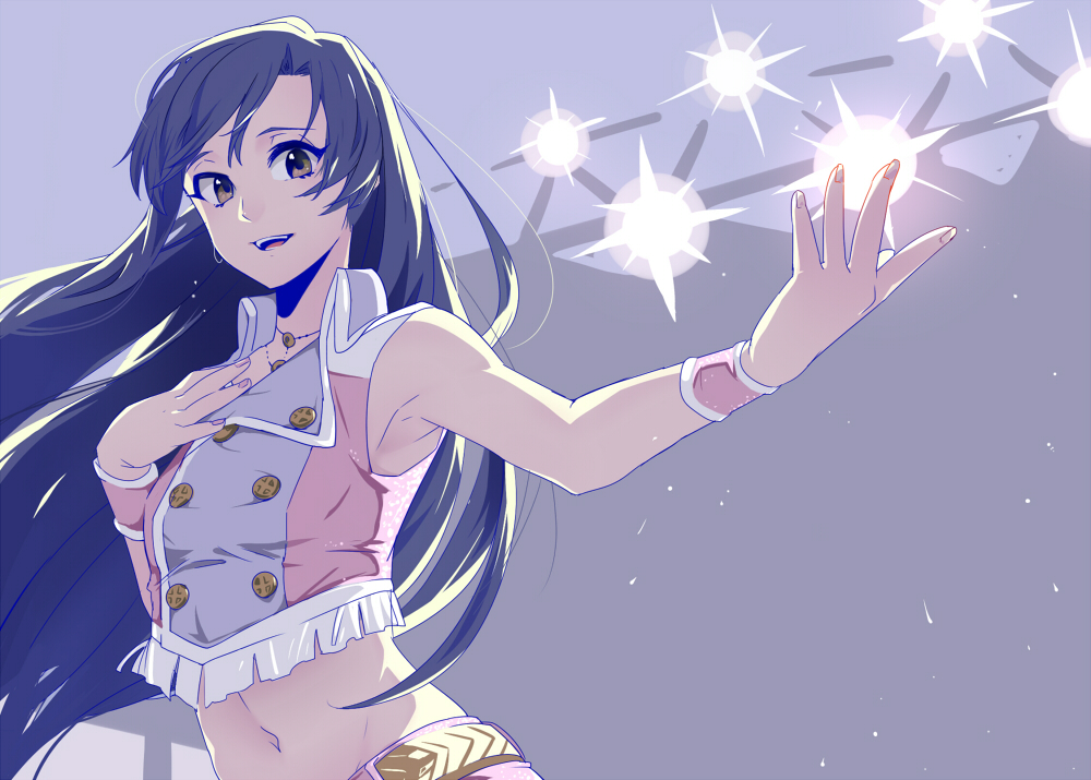 blue_hair blush brown_eyes hand_on_own_chest idolmaster idolmaster_(classic) kisaragi_chihaya long_hair looking_at_viewer midriff navel open_mouth outstretched_arm smile solo yuura