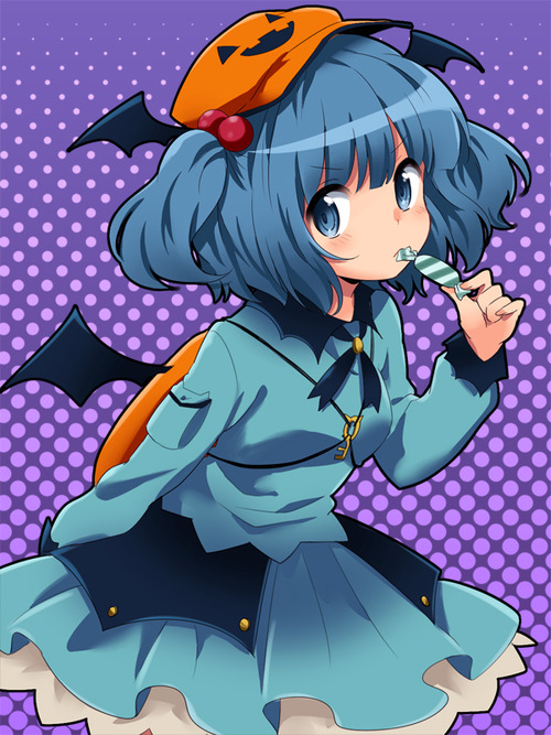 backpack bad_id bad_pixiv_id bag blue_eyes blue_hair candy duplicate food hair_bobbles hair_ornament halftone halftone_background halloween hat head_wings ica kawashiro_nitori key purple_background short_hair skirt skirt_set solo touhou two_side_up wings