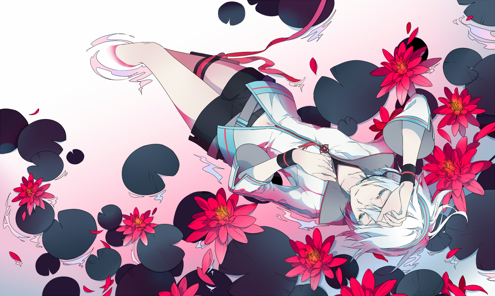 armband bad_id bad_pixiv_id belt closed_eyes flower hand_on_own_head headphones lily_(flower) lily_pad lying mouseqi short_hair short_shorts shorts solo thigh_strap vocaloid vocanese water white_hair yanhe