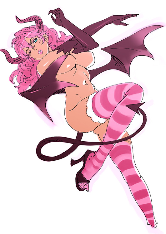 aqua_eyes breasts crossed_arms demon_girl demon_tail demon_wings elbow_gloves gloves high_heels horns lipstick makeup medium_breasts navel nishieda nude one_eye_closed original parted_lips pink_hair shoes simple_background solo striped striped_legwear tail thighhighs white_background wings